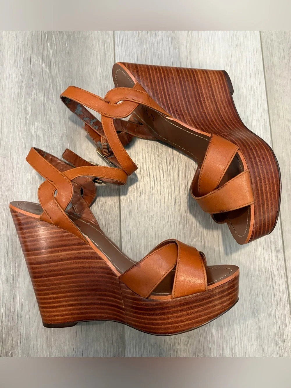 Ralph Lauren Cognac Leather Cross-Strap Slingback Heels